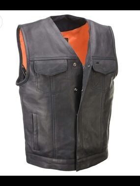 Men's Black Leather Vest with Orange Lining